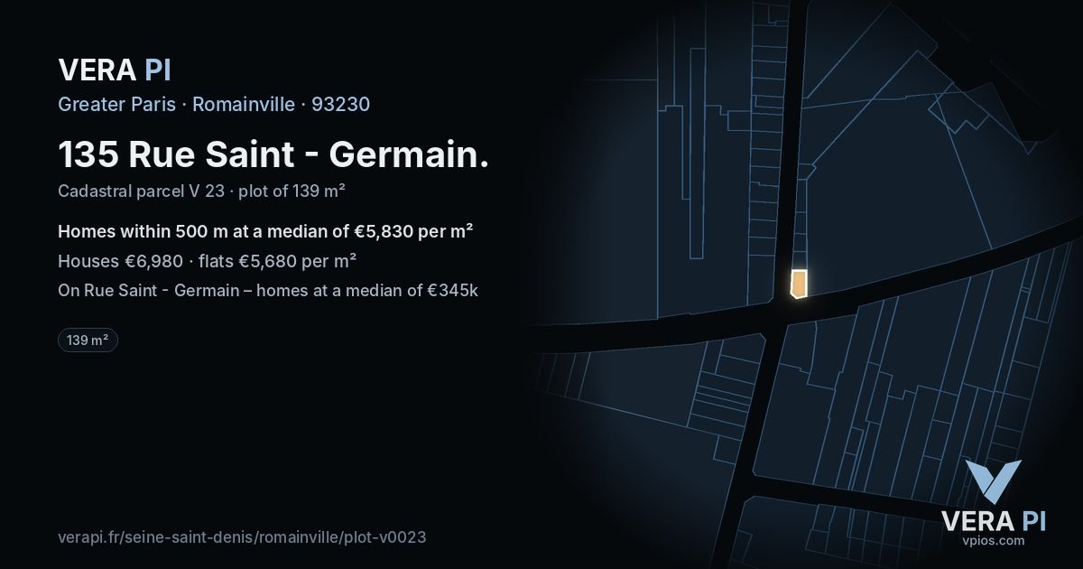 135 Rue Saint - Germain, Romainville at night – the plot lit, the parcels around coloured by the prices near them