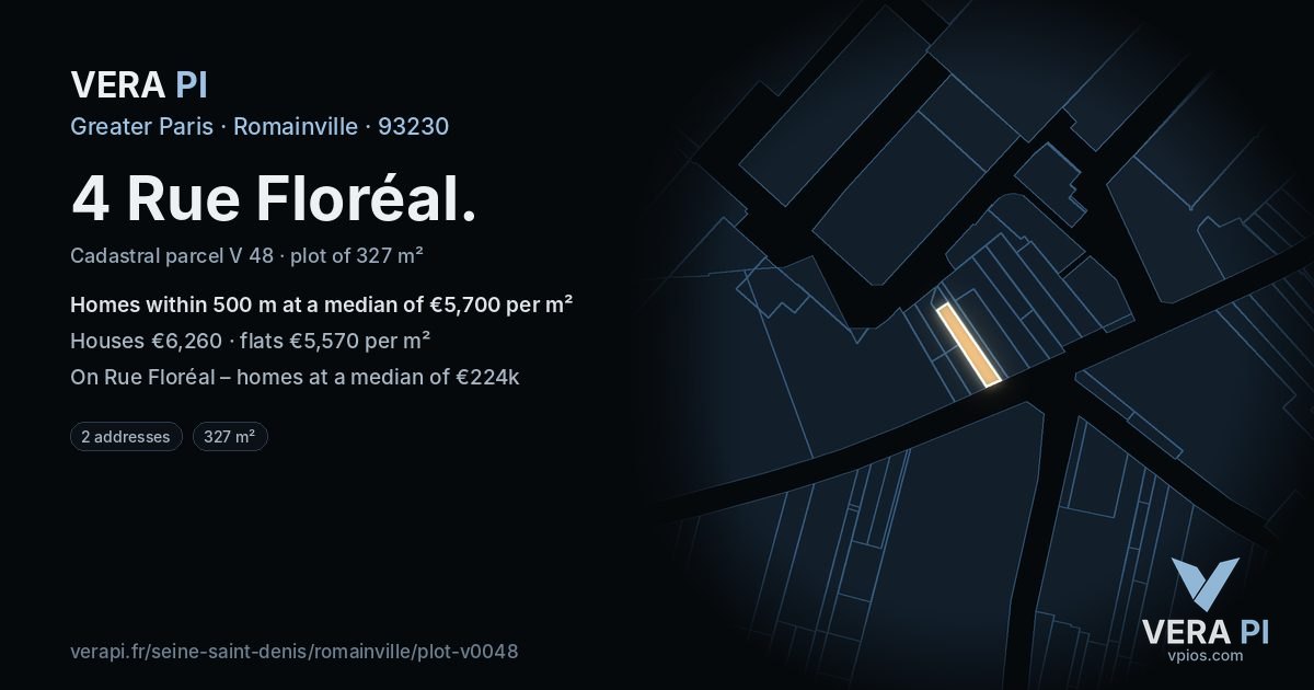 4 Rue Floréal, Romainville at night – the plot lit, the parcels around coloured by the prices near them