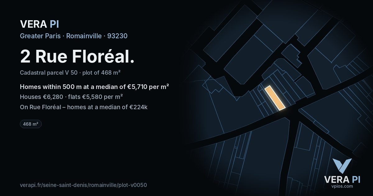 2 Rue Floréal, Romainville at night – the plot lit, the parcels around coloured by the prices near them