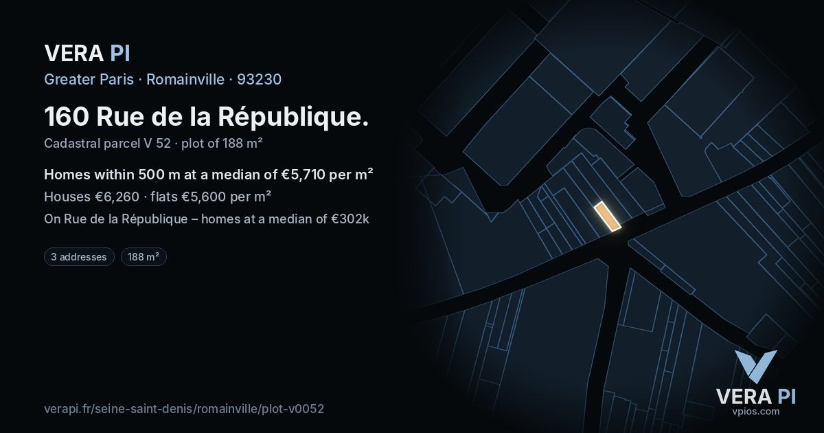 160 Rue de la République, Romainville at night – the plot lit, the parcels around coloured by the prices near them