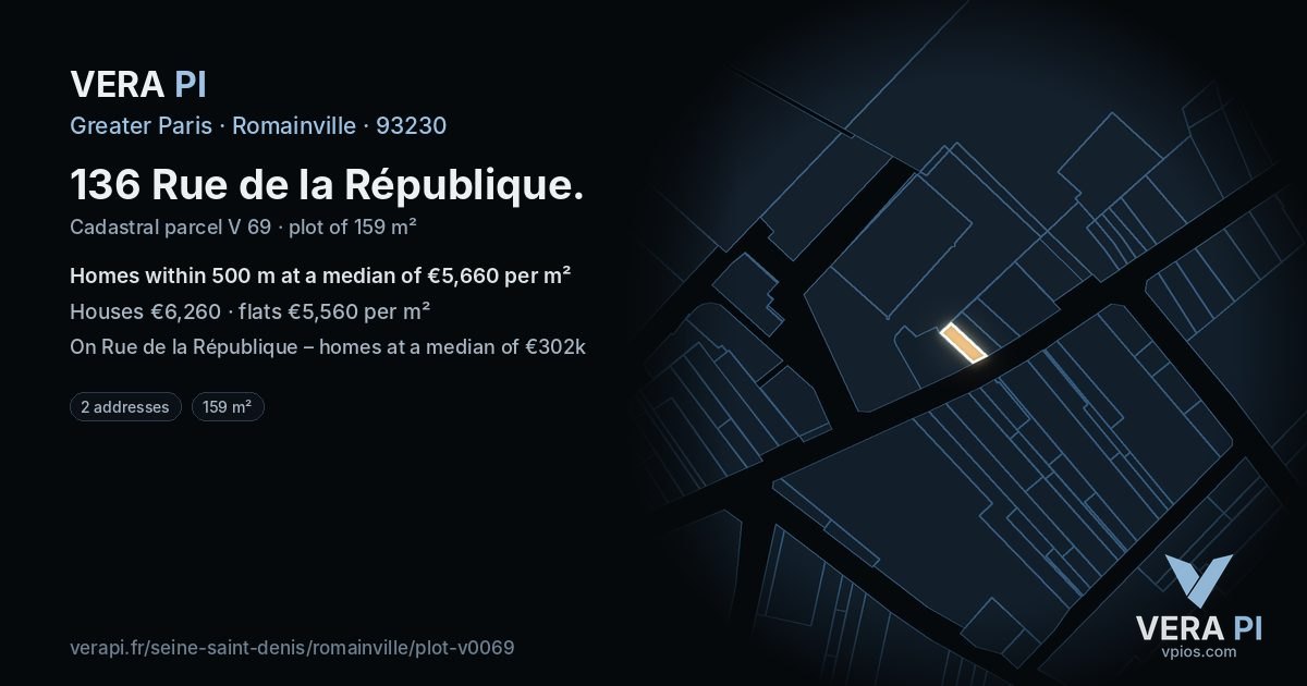 136 Rue de la République, Romainville at night – the plot lit, the parcels around coloured by the prices near them
