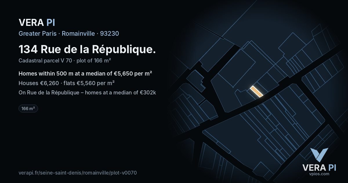 134 Rue de la République, Romainville at night – the plot lit, the parcels around coloured by the prices near them