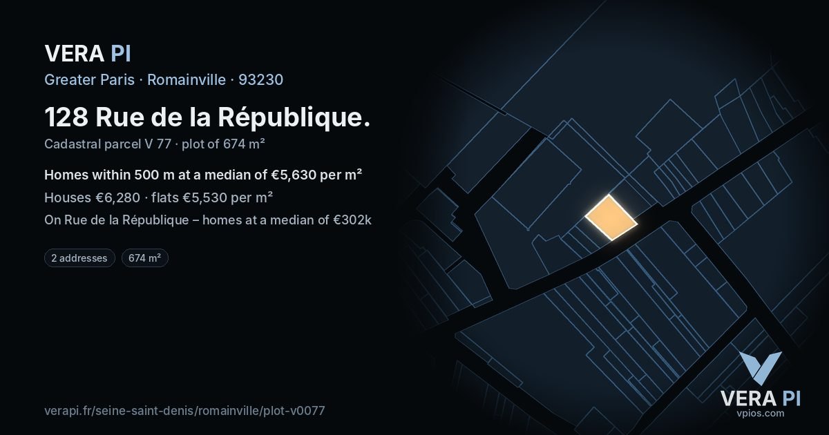 128 Rue de la République, Romainville at night – the plot lit, the parcels around coloured by the prices near them