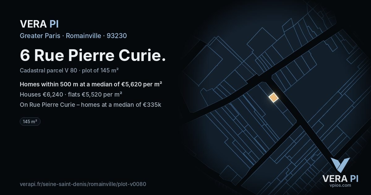 6 Rue Pierre Curie, Romainville at night – the plot lit, the parcels around coloured by the prices near them