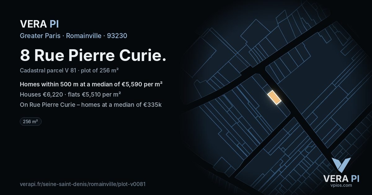 8 Rue Pierre Curie, Romainville at night – the plot lit, the parcels around coloured by the prices near them