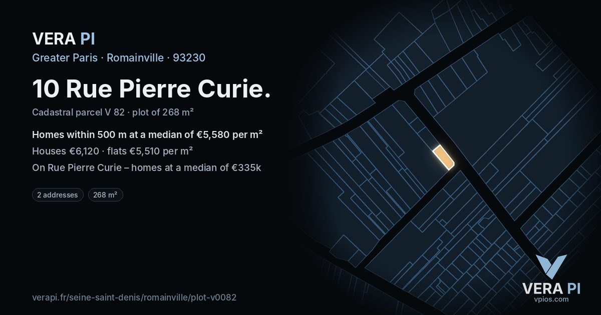 10 Rue Pierre Curie, Romainville at night – the plot lit, the parcels around coloured by the prices near them