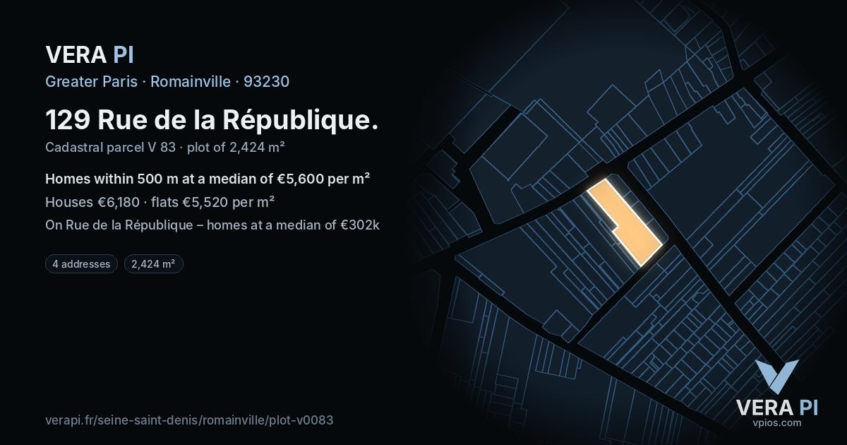 129 Rue de la République, Romainville at night – the plot lit, the parcels around coloured by the prices near them