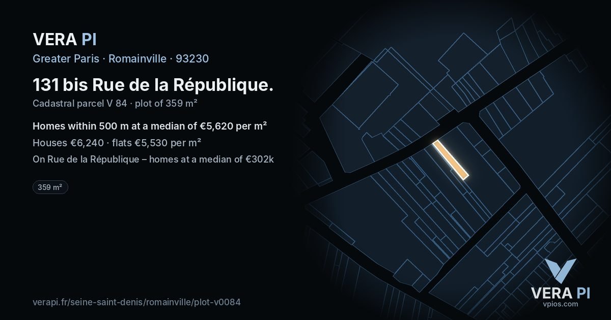 131 bis Rue de la République, Romainville at night – the plot lit, the parcels around coloured by the prices near them