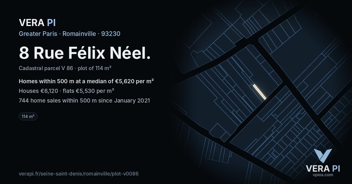 8 Rue Félix Néel, Romainville at night – the plot lit, the parcels around coloured by the prices near them