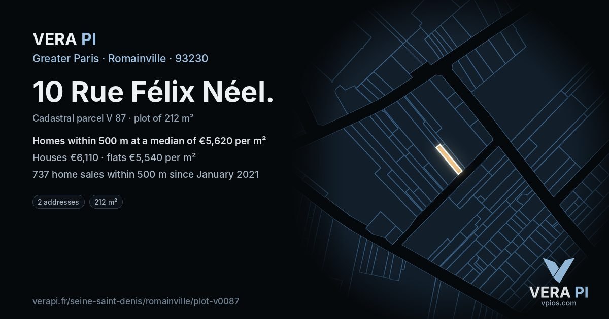 10 Rue Félix Néel, Romainville at night – the plot lit, the parcels around coloured by the prices near them