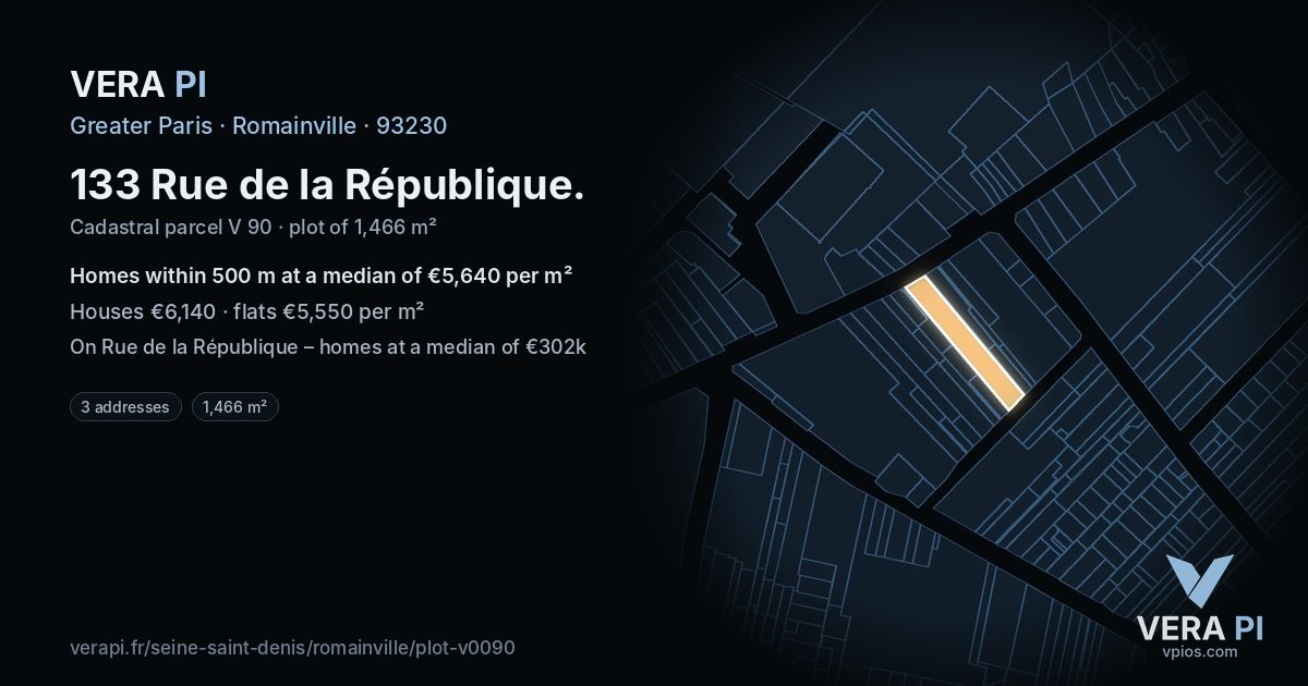 133 Rue de la République, Romainville at night – the plot lit, the parcels around coloured by the prices near them