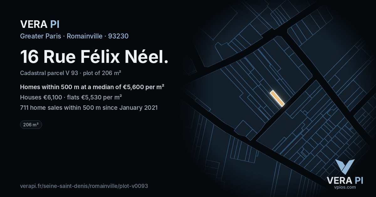 16 Rue Félix Néel, Romainville at night – the plot lit, the parcels around coloured by the prices near them