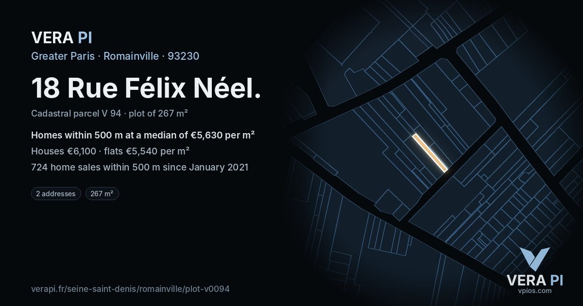 18 Rue Félix Néel, Romainville at night – the plot lit, the parcels around coloured by the prices near them