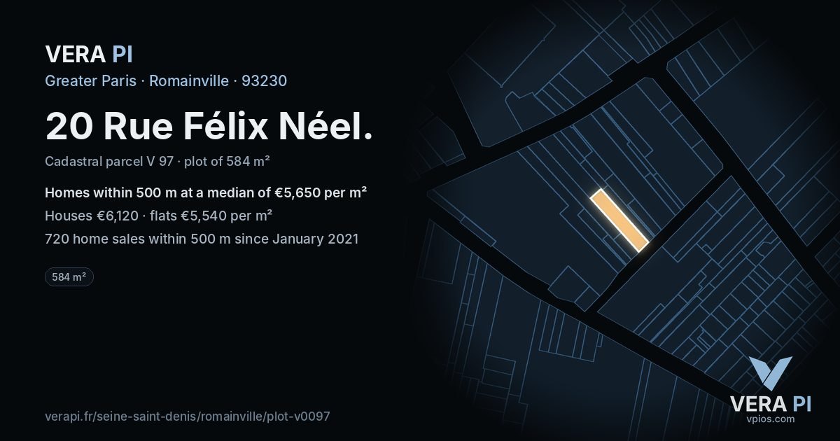20 Rue Félix Néel, Romainville at night – the plot lit, the parcels around coloured by the prices near them