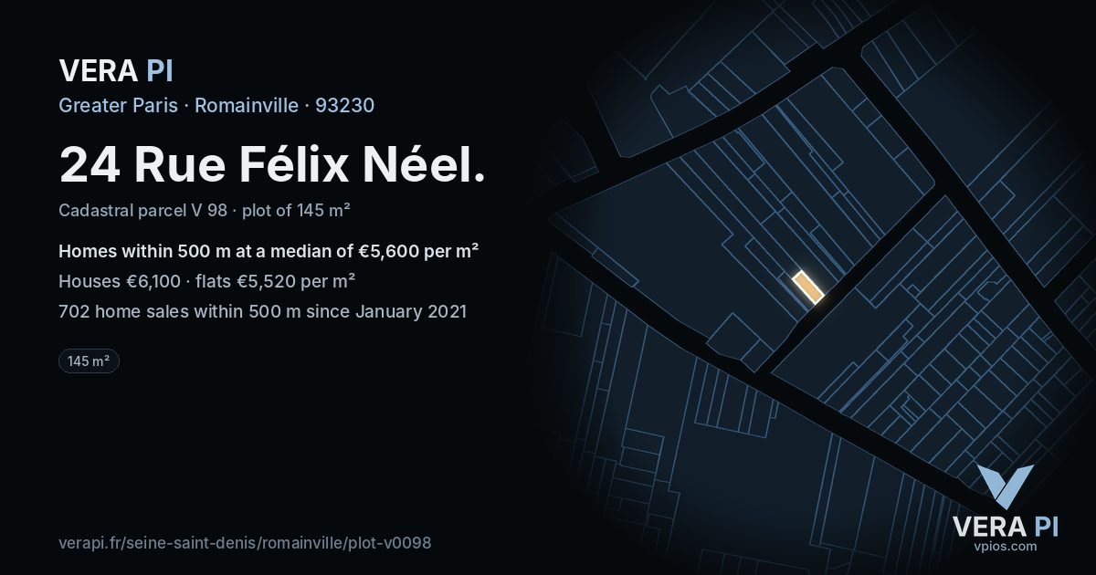 24 Rue Félix Néel, Romainville at night – the plot lit, the parcels around coloured by the prices near them