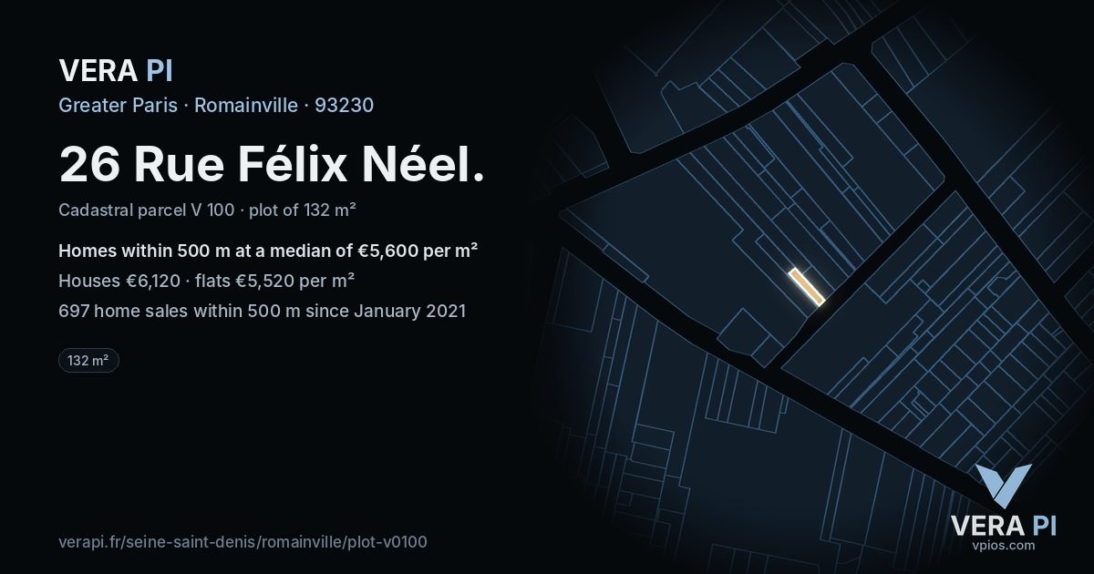 26 Rue Félix Néel, Romainville at night – the plot lit, the parcels around coloured by the prices near them