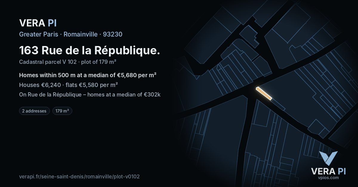 163 Rue de la République, Romainville at night – the plot lit, the parcels around coloured by the prices near them