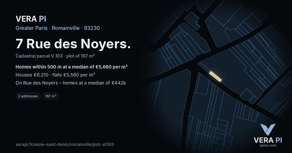 7 Rue des Noyers, Romainville at night – the plot lit, the parcels around coloured by the prices near them