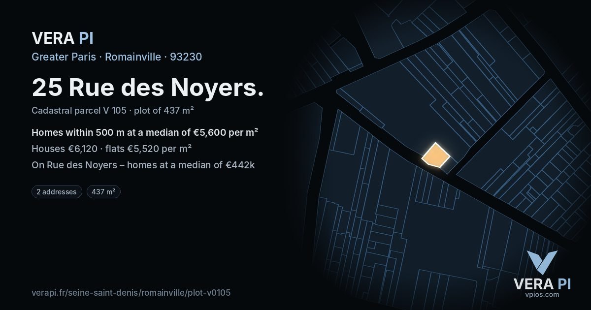25 Rue des Noyers, Romainville at night – the plot lit, the parcels around coloured by the prices near them