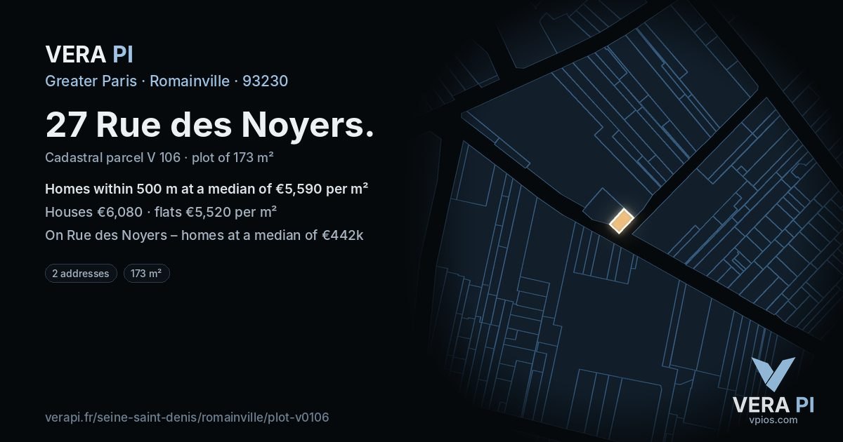 27 Rue des Noyers, Romainville at night – the plot lit, the parcels around coloured by the prices near them