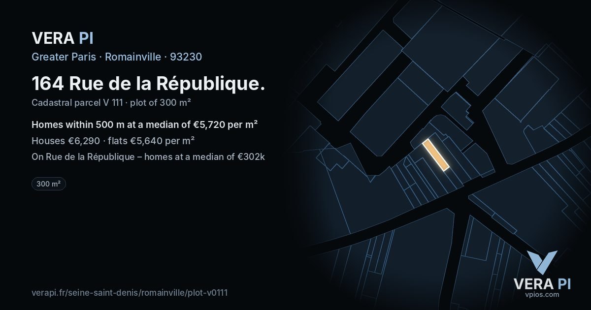 164 Rue de la République, Romainville at night – the plot lit, the parcels around coloured by the prices near them