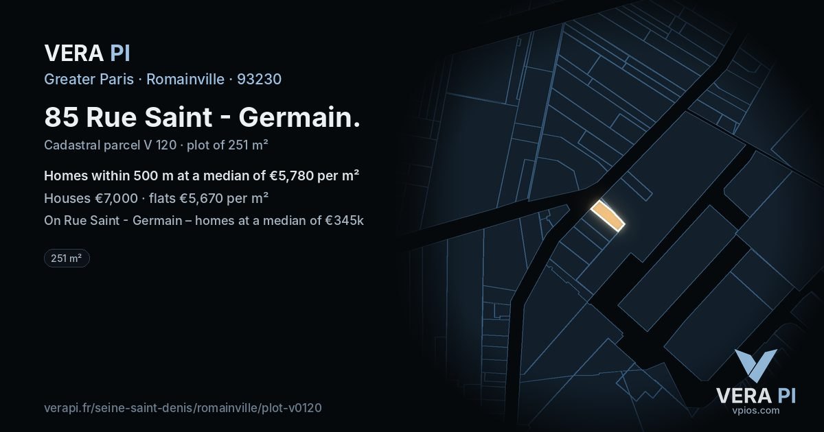 85 Rue Saint - Germain, Romainville at night – the plot lit, the parcels around coloured by the prices near them