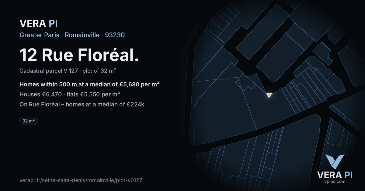 12 Rue Floréal, Romainville at night – the plot lit, the parcels around coloured by the prices near them