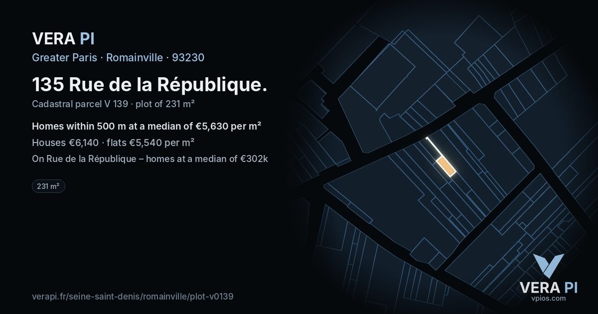 135 Rue de la République, Romainville at night – the plot lit, the parcels around coloured by the prices near them