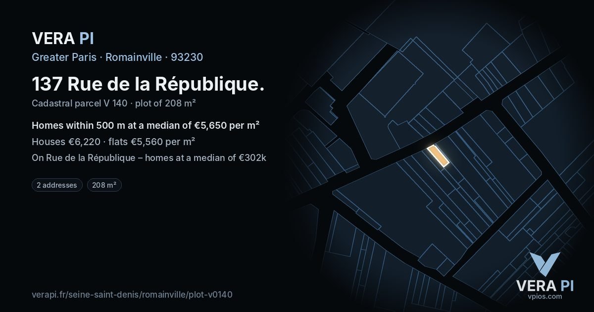 137 Rue de la République, Romainville at night – the plot lit, the parcels around coloured by the prices near them