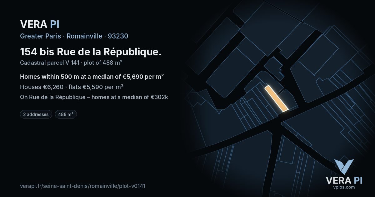 154 bis Rue de la République, Romainville at night – the plot lit, the parcels around coloured by the prices near them