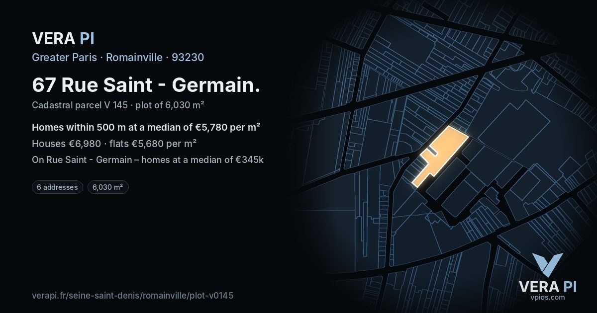 67 Rue Saint - Germain, Romainville at night – the plot lit, the parcels around coloured by the prices near them