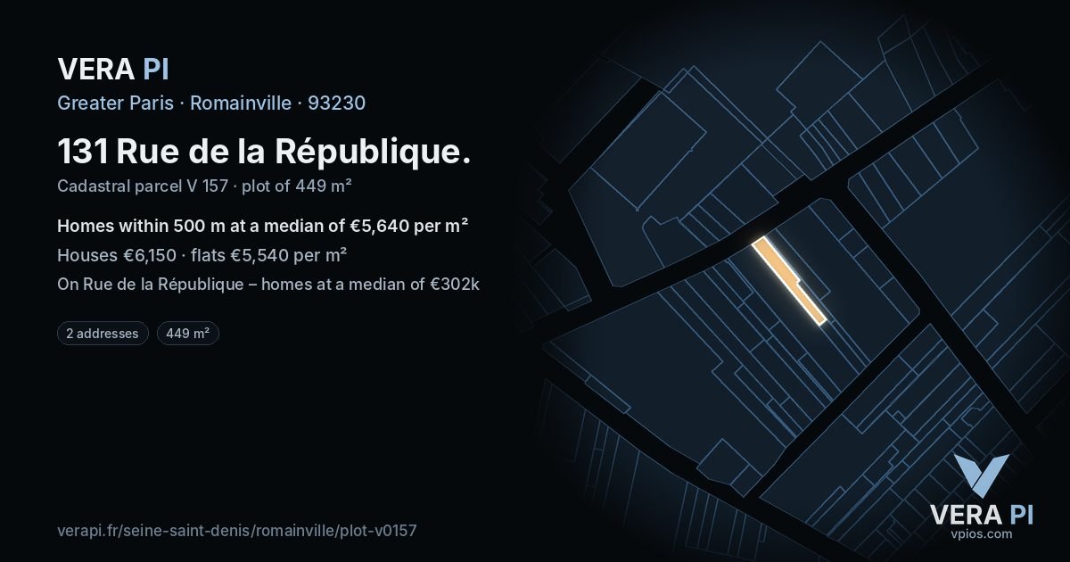 131 Rue de la République, Romainville at night – the plot lit, the parcels around coloured by the prices near them