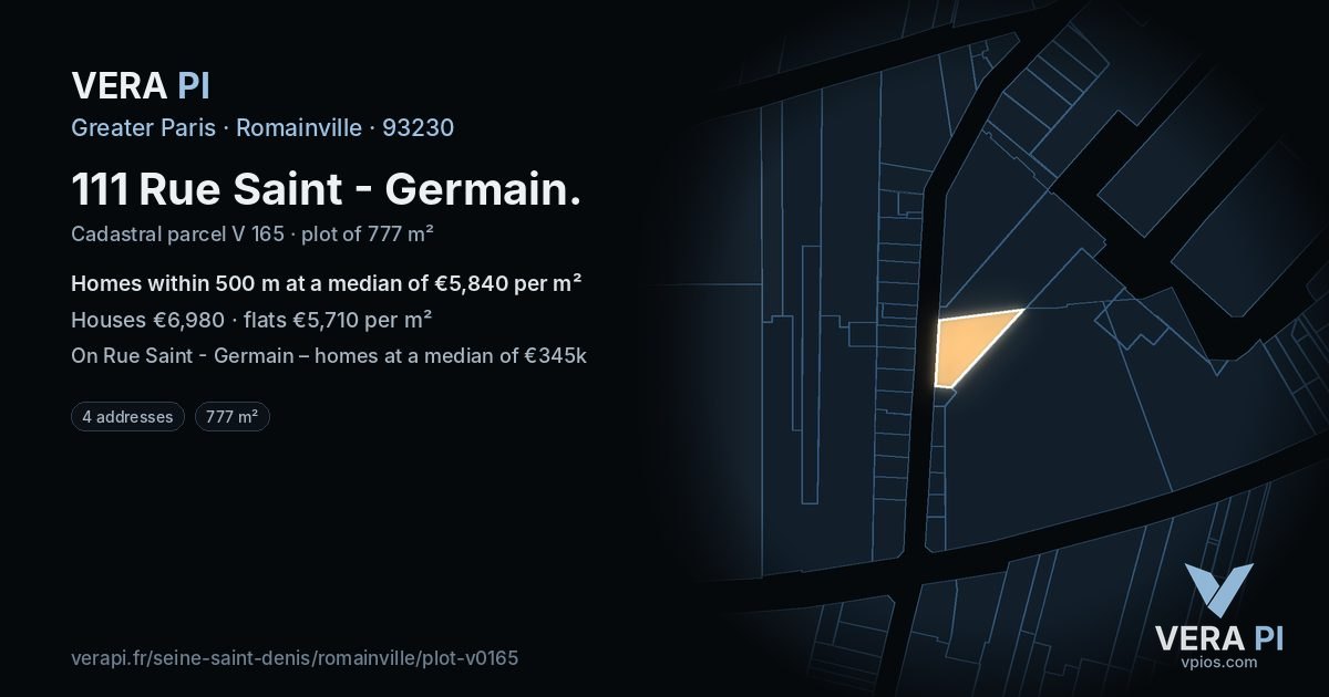 111 Rue Saint - Germain, Romainville at night – the plot lit, the parcels around coloured by the prices near them