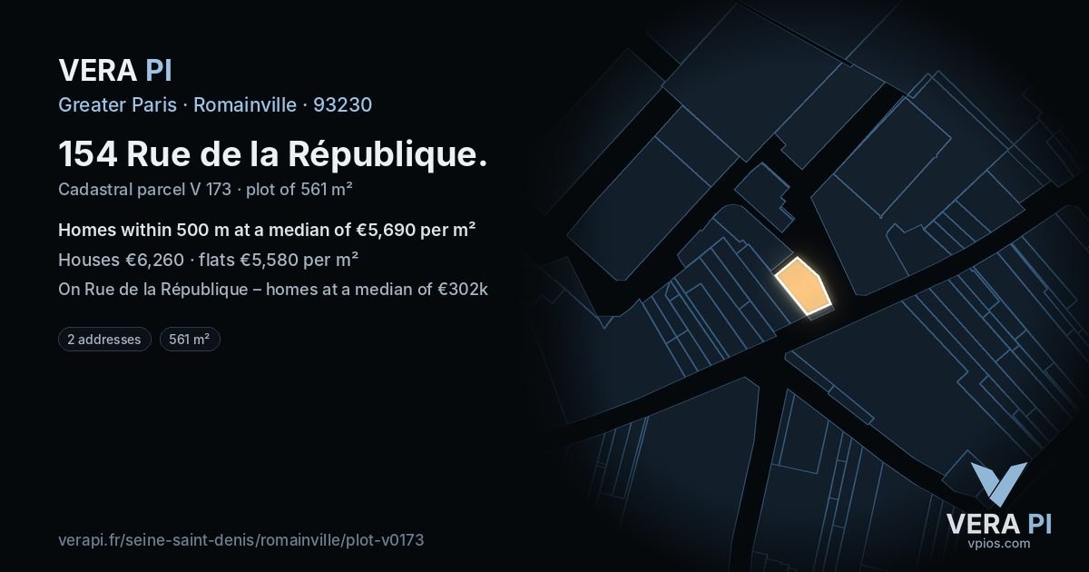 154 Rue de la République, Romainville at night – the plot lit, the parcels around coloured by the prices near them