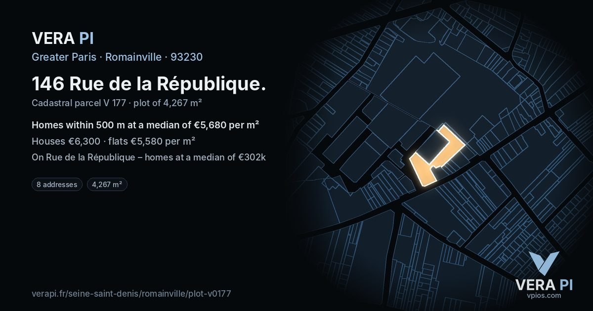 146 Rue de la République, Romainville at night – the plot lit, the parcels around coloured by the prices near them