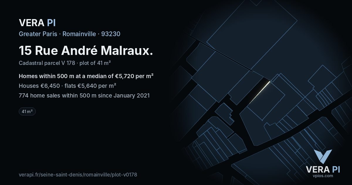 15 Rue André Malraux, Romainville at night – the plot lit, the parcels around coloured by the prices near them
