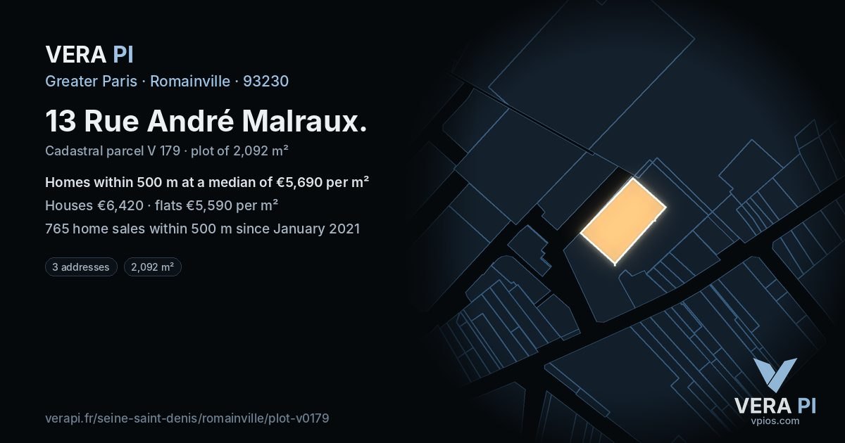 13 Rue André Malraux, Romainville at night – the plot lit, the parcels around coloured by the prices near them