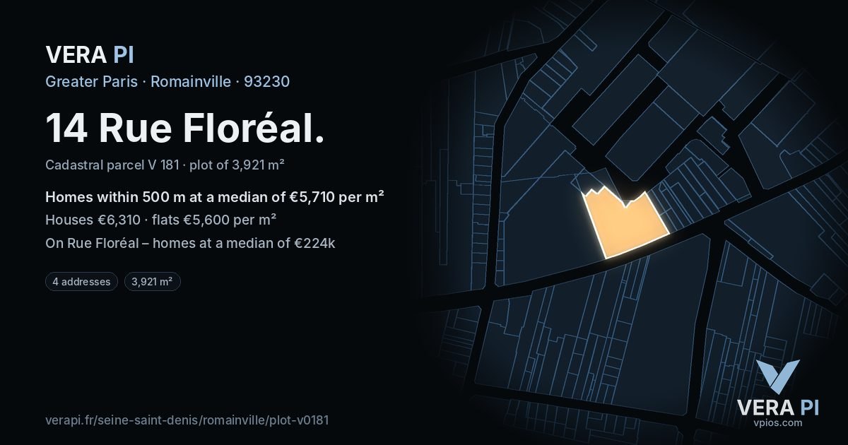 14 Rue Floréal, Romainville at night – the plot lit, the parcels around coloured by the prices near them