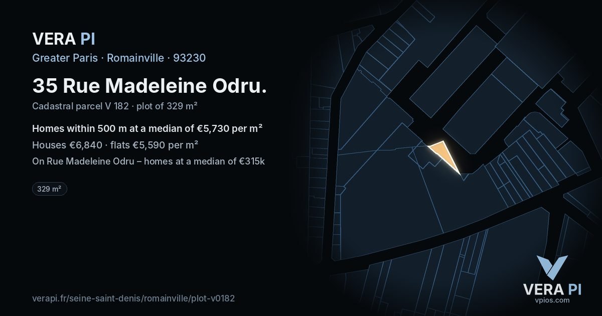 35 Rue Madeleine Odru, Romainville at night – the plot lit, the parcels around coloured by the prices near them