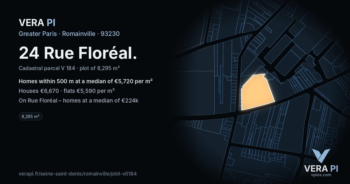 24 Rue Floréal, Romainville at night – the plot lit, the parcels around coloured by the prices near them