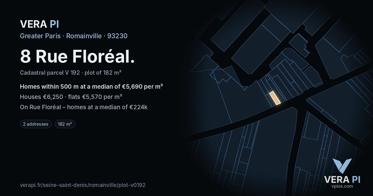 8 Rue Floréal, Romainville at night – the plot lit, the parcels around coloured by the prices near them