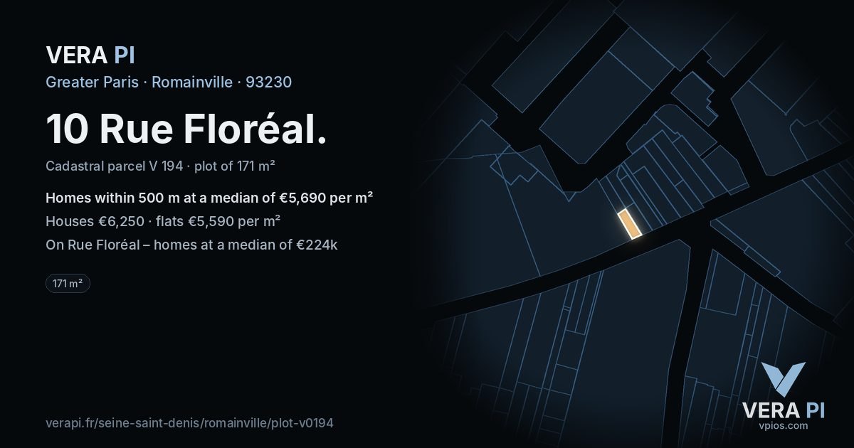 10 Rue Floréal, Romainville at night – the plot lit, the parcels around coloured by the prices near them