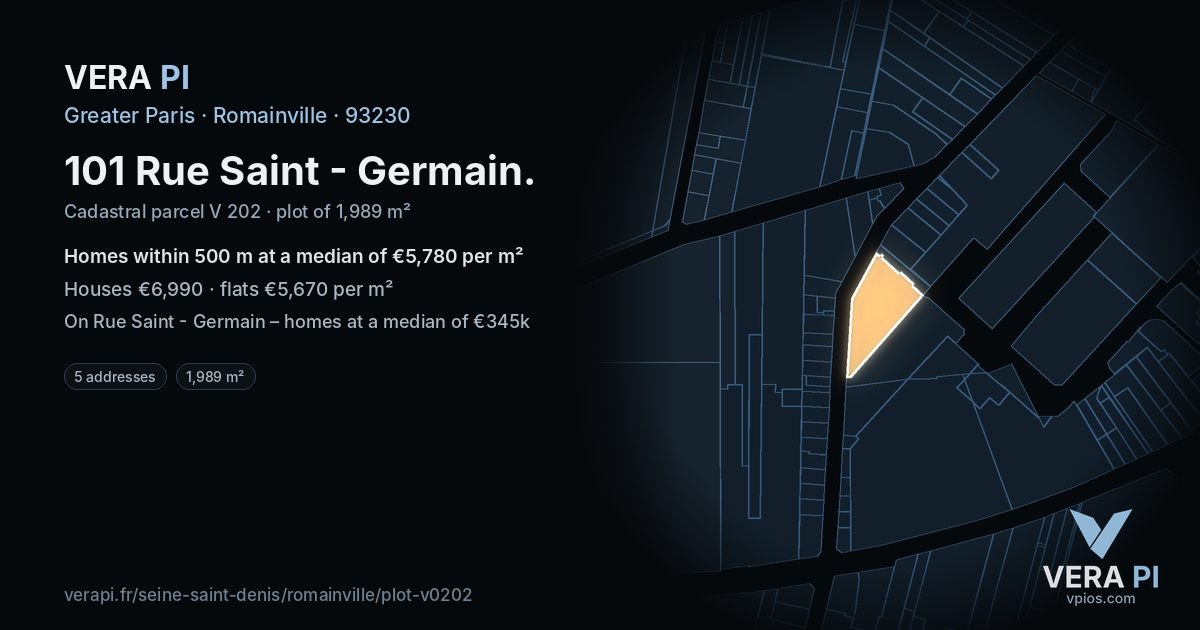 101 Rue Saint - Germain, Romainville at night – the plot lit, the parcels around coloured by the prices near them
