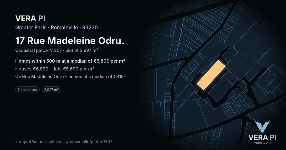 17 Rue Madeleine Odru, Romainville at night – the plot lit, the parcels around coloured by the prices near them