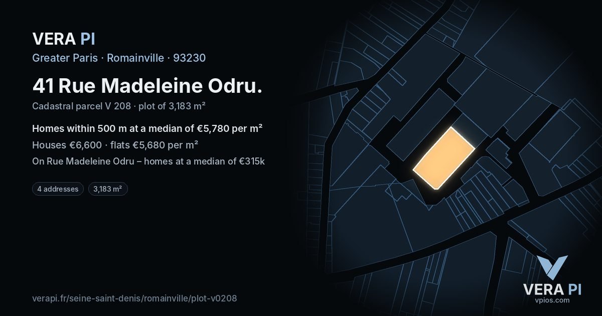 41 Rue Madeleine Odru, Romainville at night – the plot lit, the parcels around coloured by the prices near them
