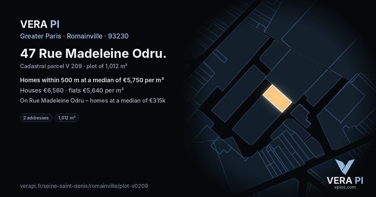 47 Rue Madeleine Odru, Romainville at night – the plot lit, the parcels around coloured by the prices near them