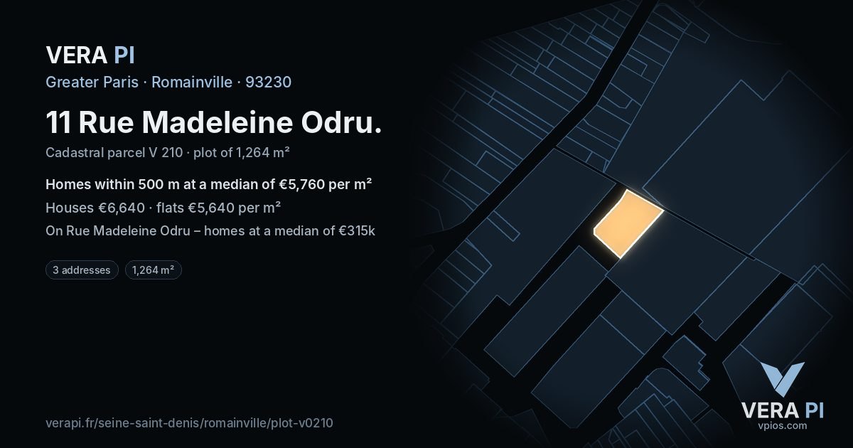 11 Rue Madeleine Odru, Romainville at night – the plot lit, the parcels around coloured by the prices near them