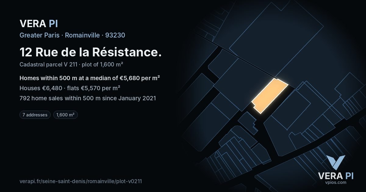 12 Rue de la Résistance, Romainville at night – the plot lit, the parcels around coloured by the prices near them