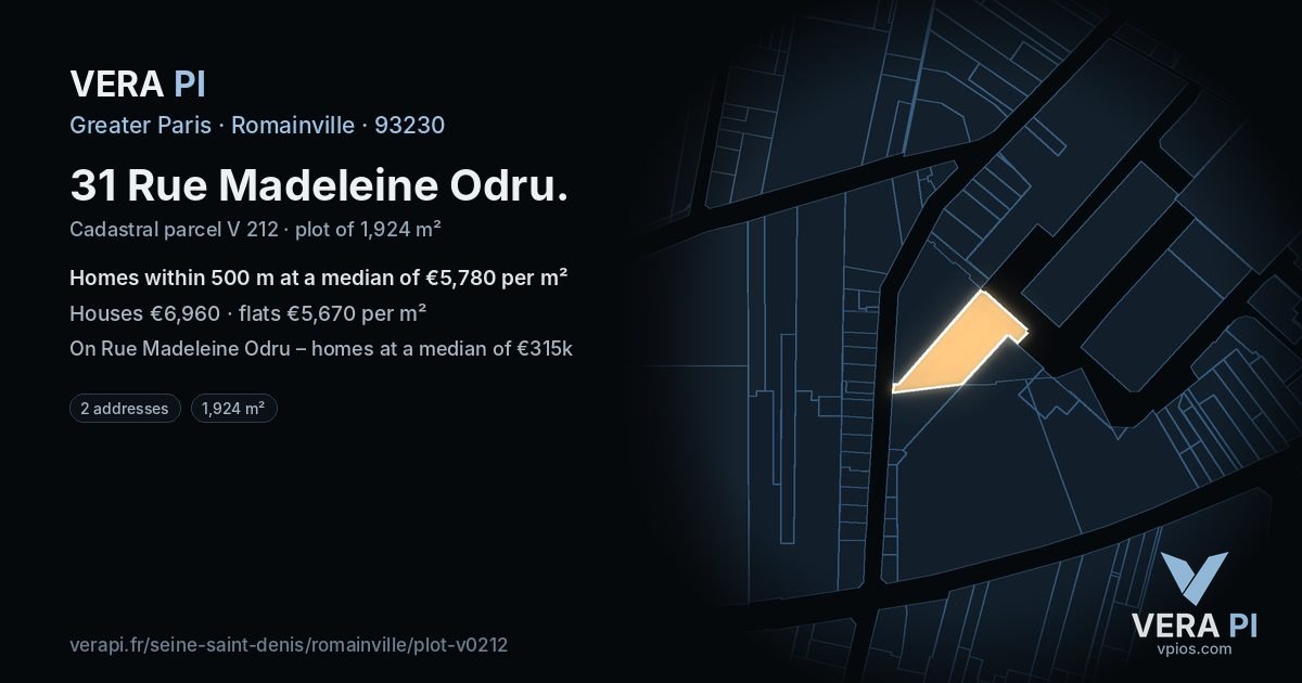 31 Rue Madeleine Odru, Romainville at night – the plot lit, the parcels around coloured by the prices near them