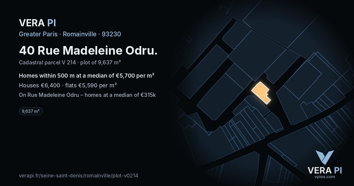 40 Rue Madeleine Odru, Romainville at night – the plot lit, the parcels around coloured by the prices near them